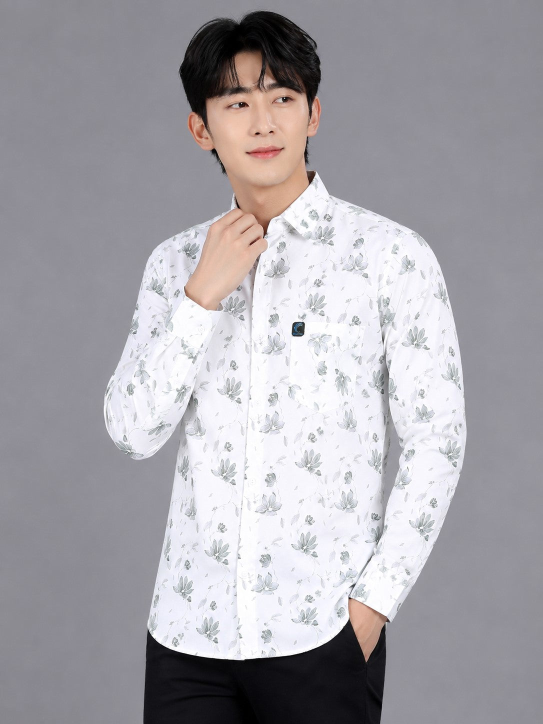 Men's White Floral Print Cotton Shirt - Slim Fit Full Sleeve