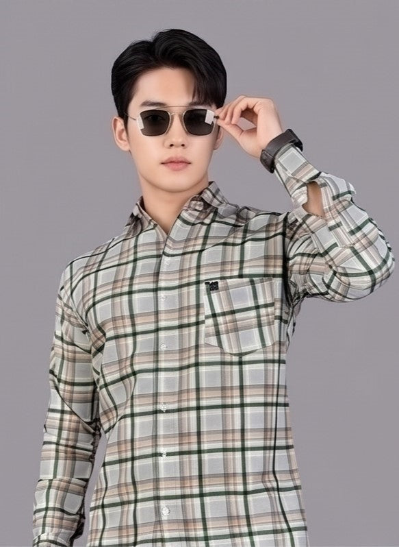 Men's Green Beige Checked Slim Fit Cotton Blend Full Sleeve Shirt