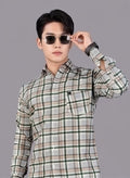Men's Green Beige Checked Slim Fit Cotton Blend Full Sleeve Shirt