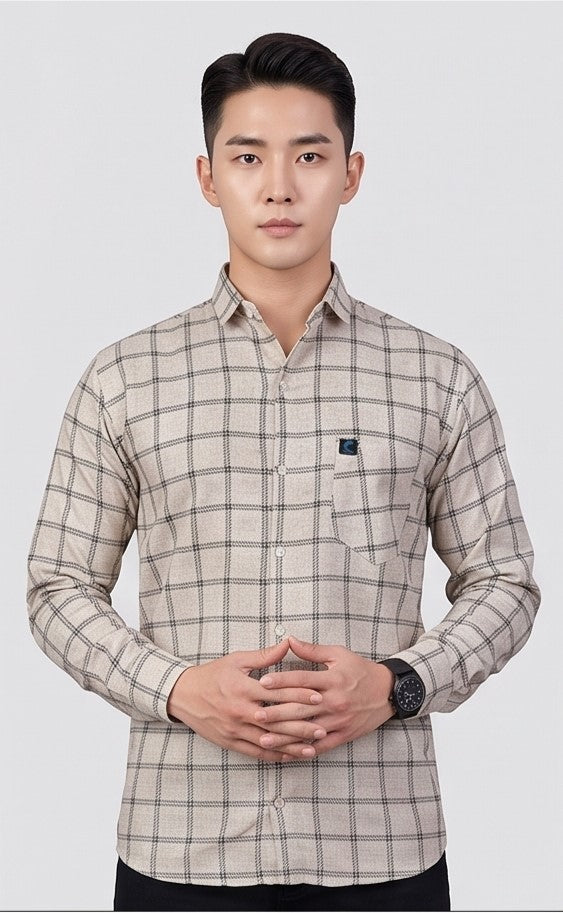 Men's Beige Checked Cotton Shirt | Slim Fit Full Sleeve