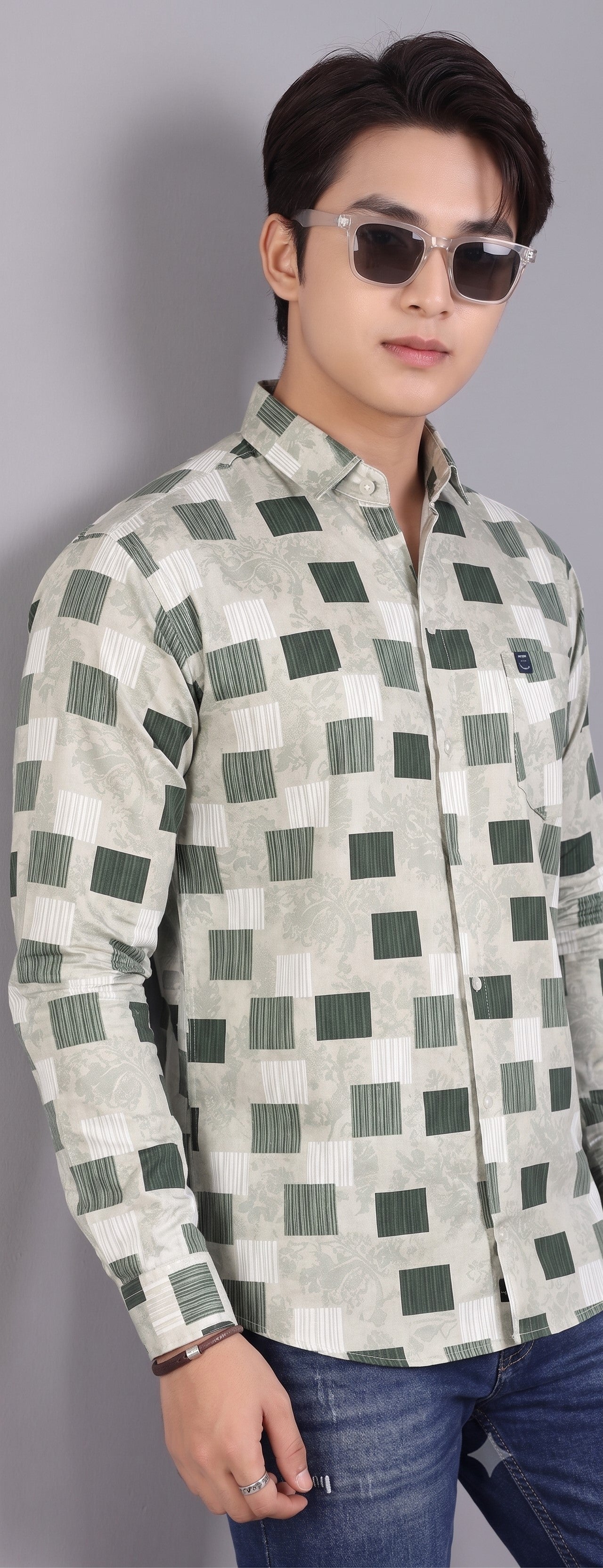 Men's Premium Sage Green Printed Slim Fit Casual Shirt