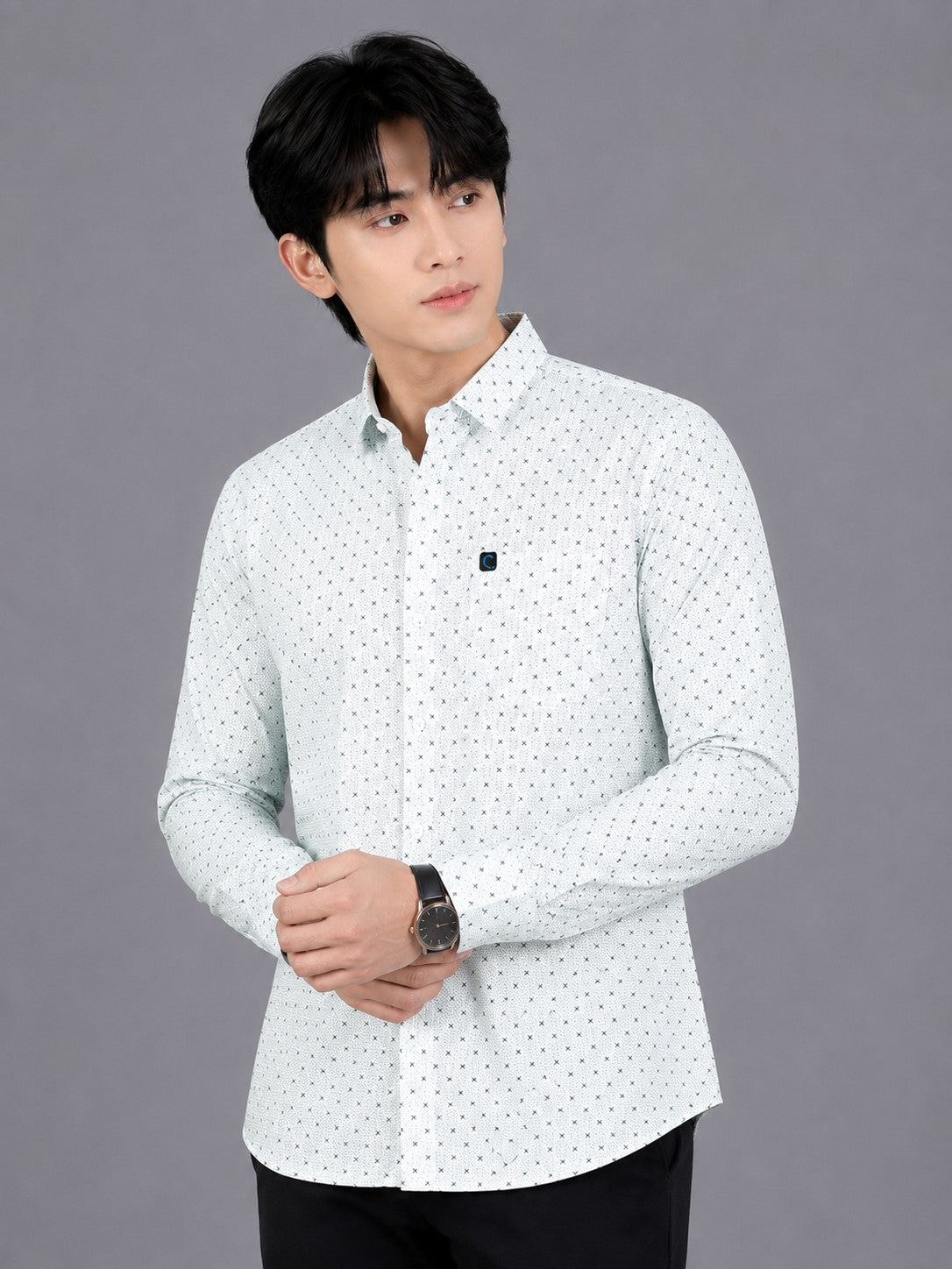 Men's Premium White Micro Print Full Sleeve Cotton Shirt | Slim Fit Casual & Party Wear