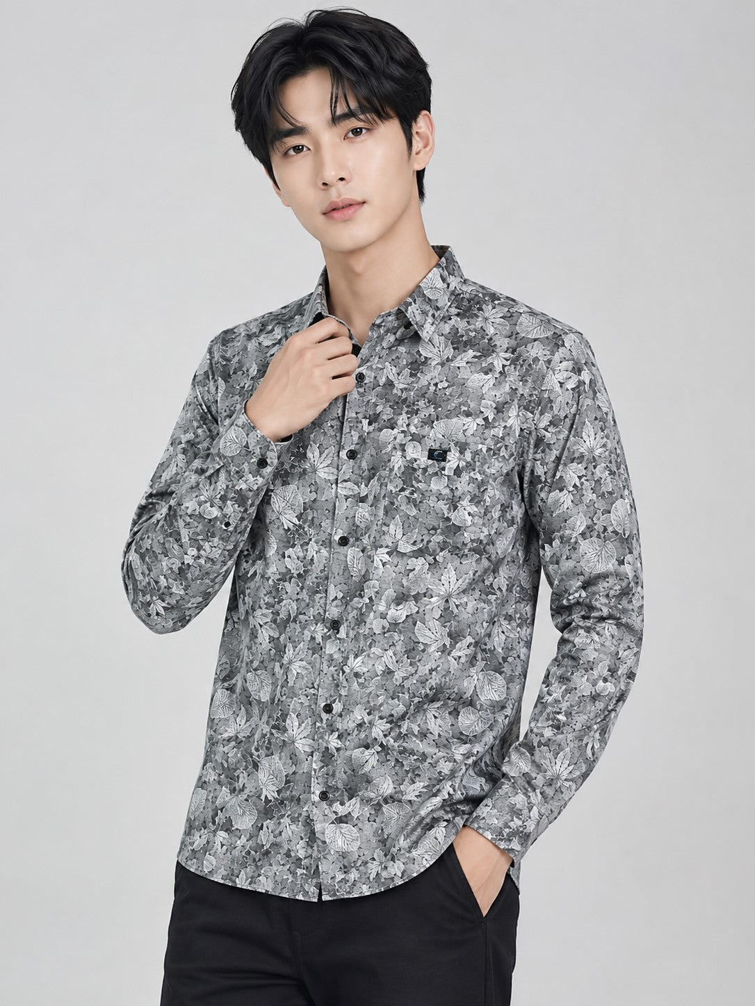 Men's Premium Grey Floral Print Full Sleeve Cotton Shirt | Slim Fit Casual & Party Wear