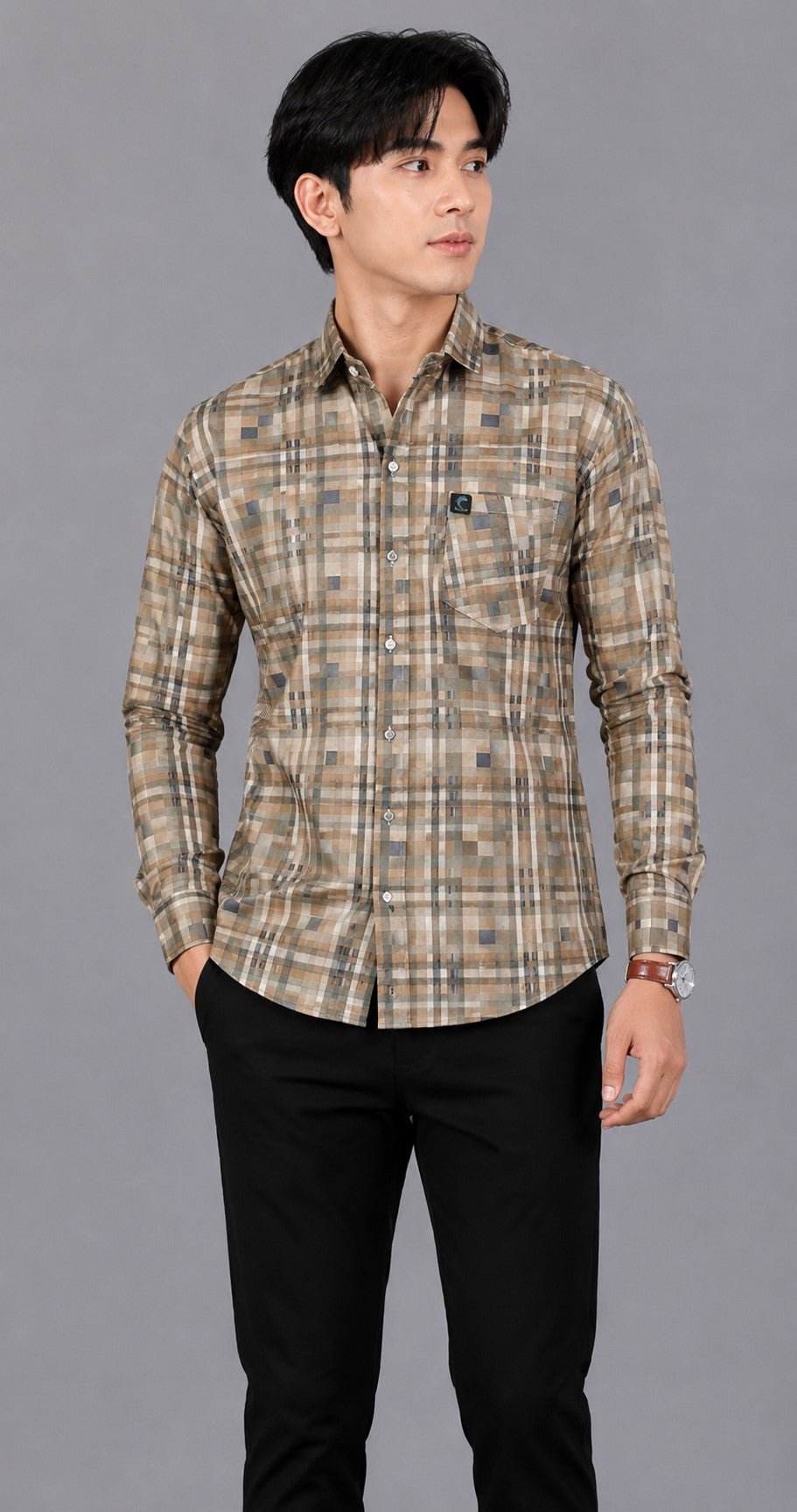 Men's Premium Beige Checkered Slim Fit Casual Shirt
