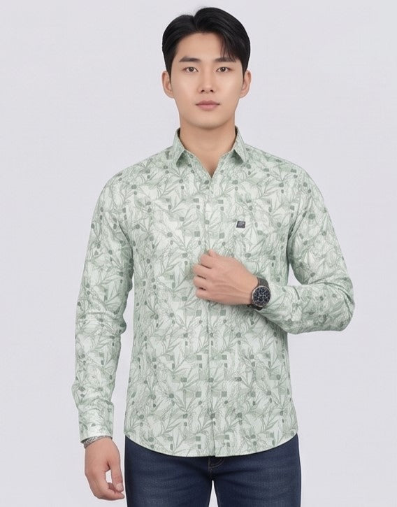Men's Sage Green Floral Print Cotton Shirt