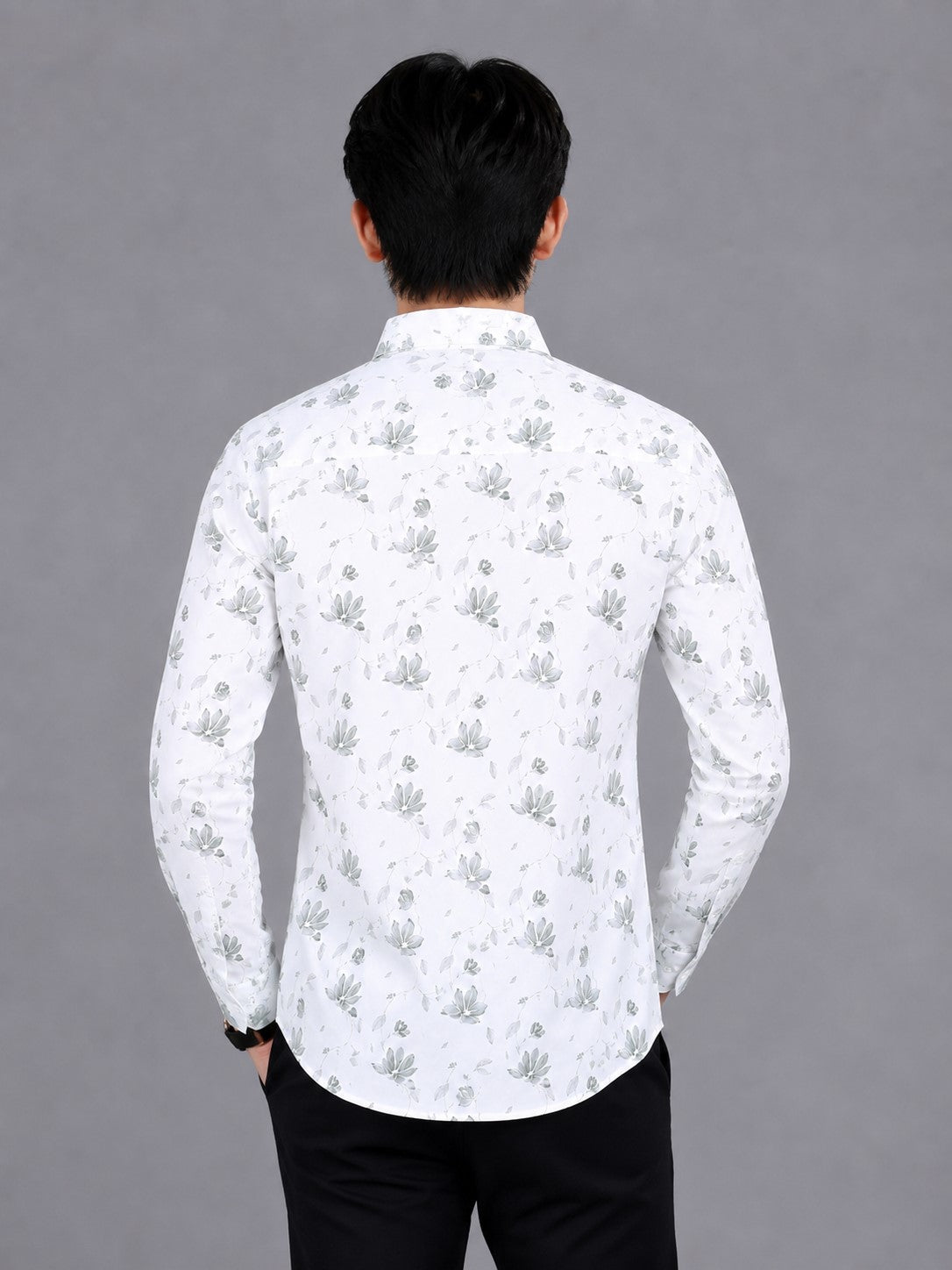 Men's White Floral Print Cotton Shirt - Slim Fit Full Sleeve