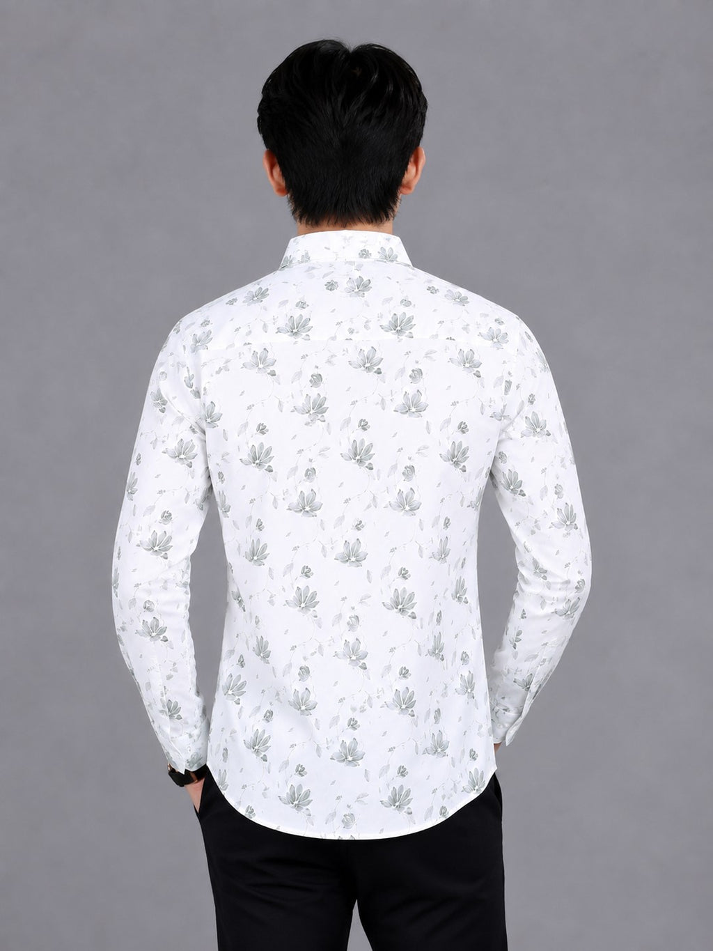Men's White Floral Print Cotton Shirt - Slim Fit Full Sleeve