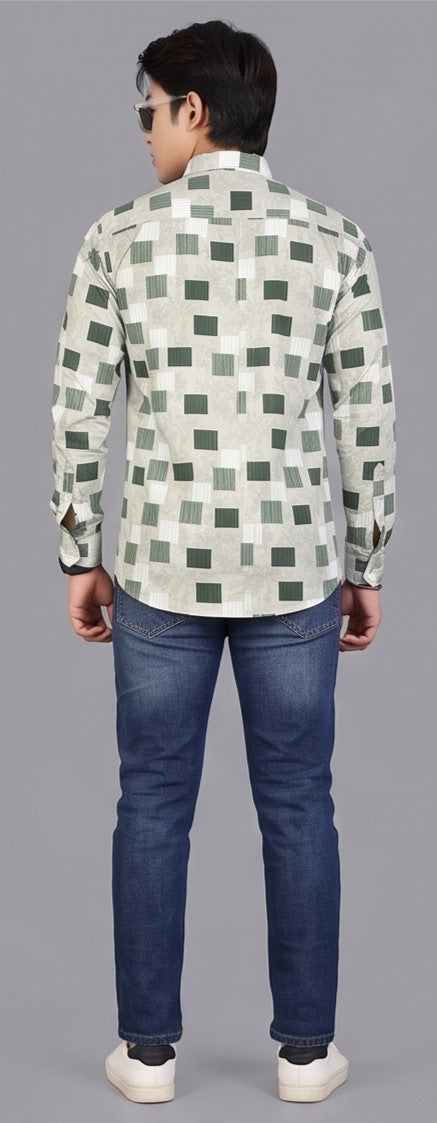 Men's Premium Sage Green Printed Slim Fit Casual Shirt