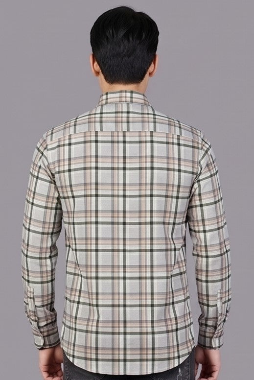 Men's Green Beige Checked Slim Fit Cotton Blend Full Sleeve Shirt