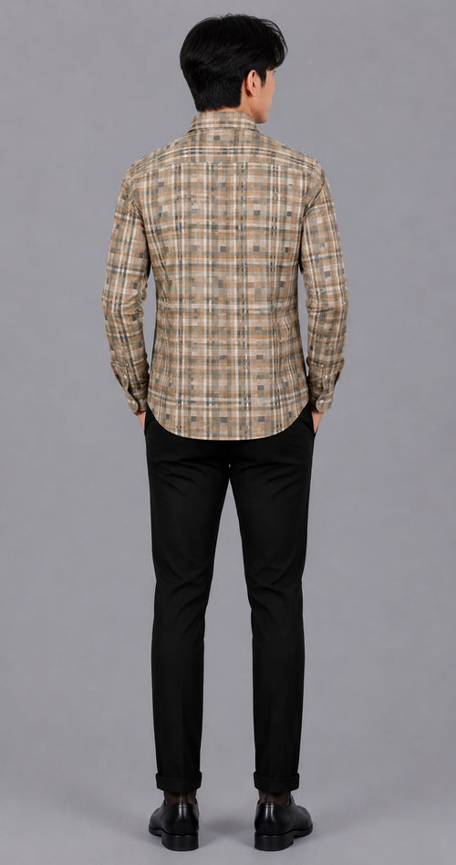 Men's Premium Beige Checkered Slim Fit Casual Shirt