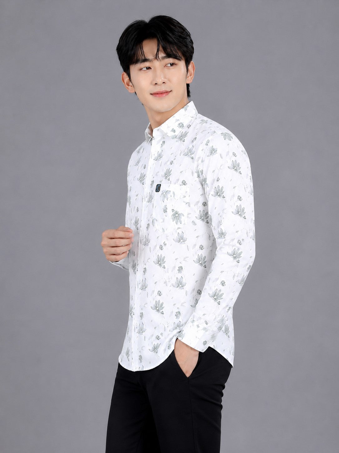 Men's White Floral Print Cotton Shirt - Slim Fit Full Sleeve
