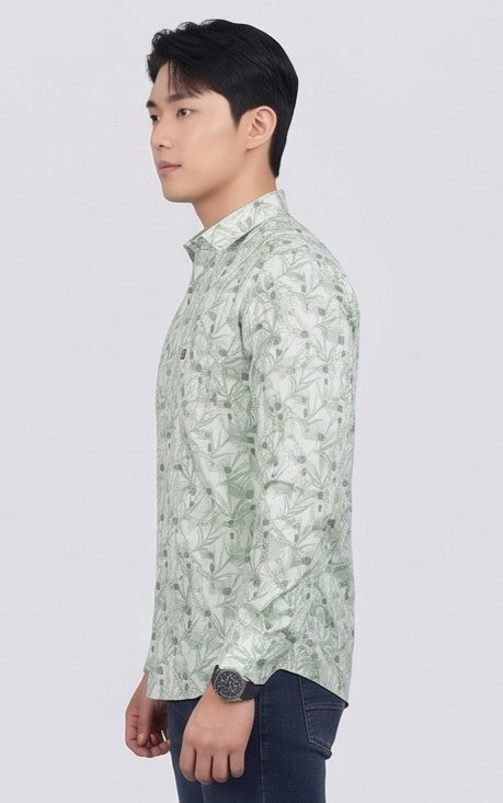 Men's Sage Green Floral Print Cotton Shirt