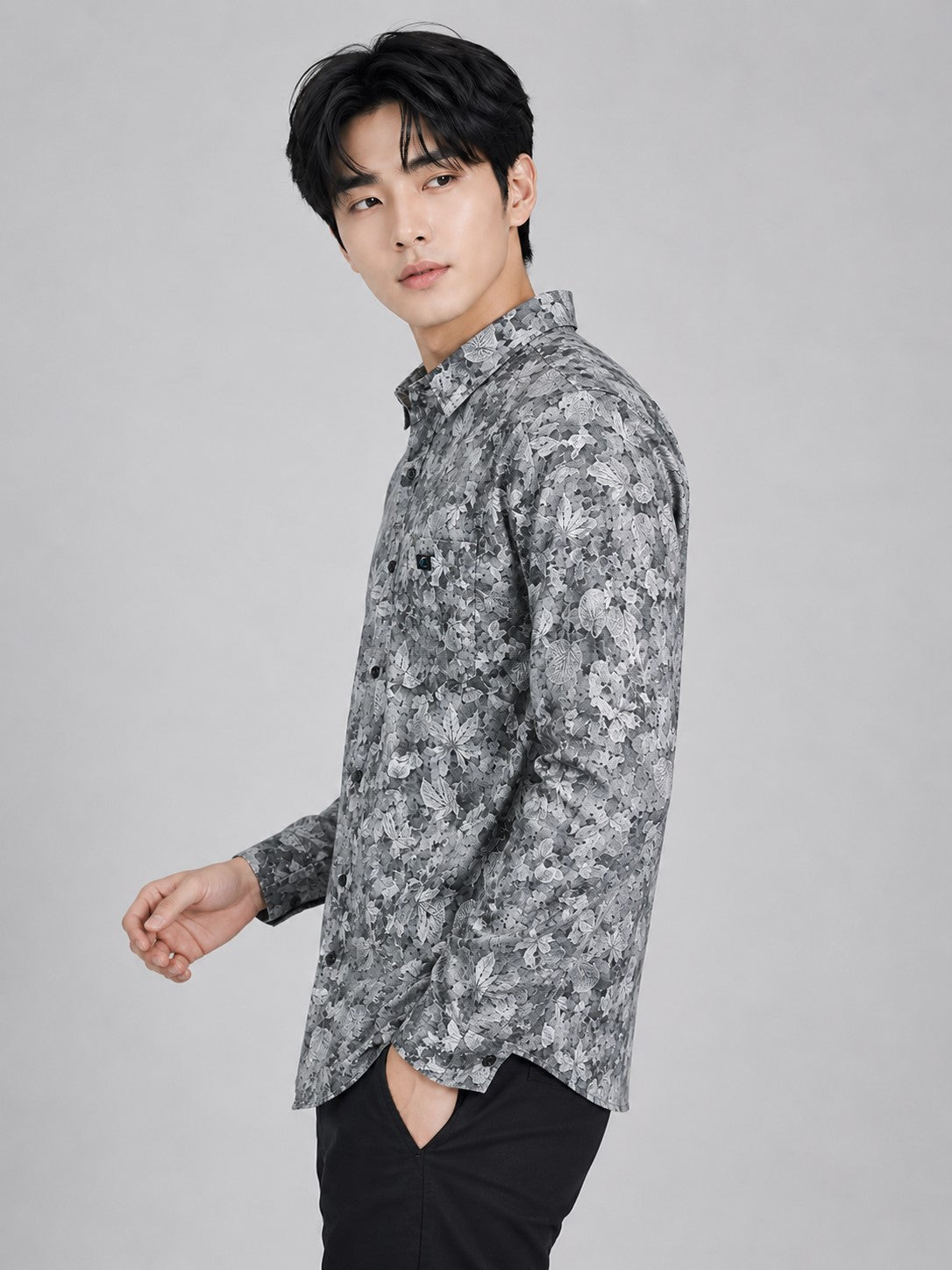 Men's Premium Grey Floral Print Full Sleeve Cotton Shirt | Slim Fit Casual & Party Wear
