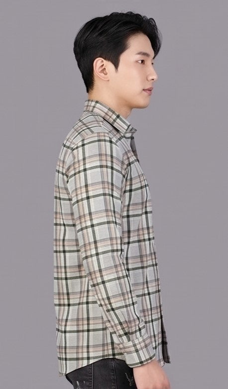 Men's Green Beige Checked Slim Fit Cotton Blend Full Sleeve Shirt