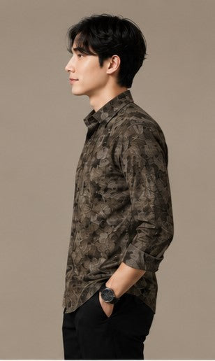 Men's Premium Olive Green Floral Print Full Sleeve Cotton Shirt | Slim Fit Casual & Party Wear