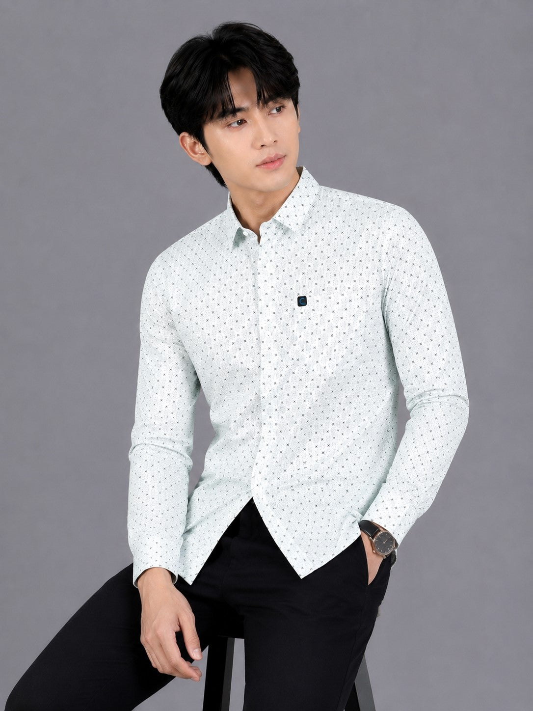 Men's Premium White Micro Print Full Sleeve Cotton Shirt | Slim Fit Casual & Party Wear