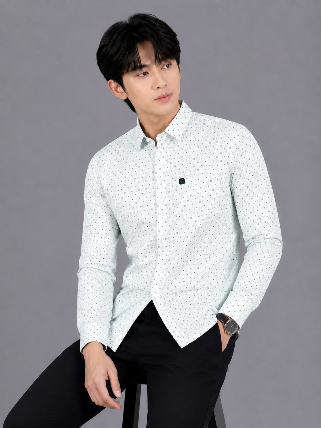 Men's Premium White Micro Print Full Sleeve Cotton Shirt | Slim Fit Casual & Party Wear