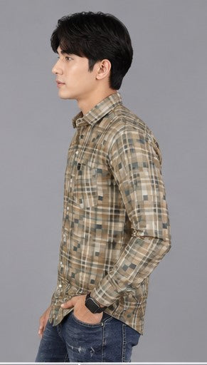 Men's Premium Beige Checkered Slim Fit Casual Shirt