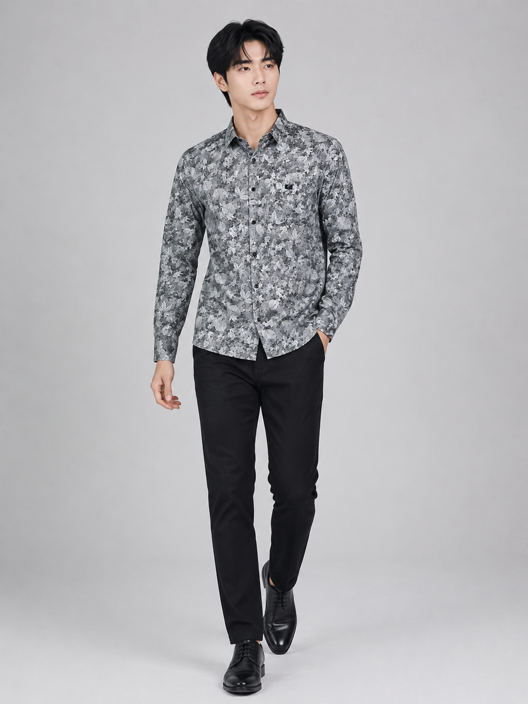 Men's Premium Grey Floral Print Full Sleeve Cotton Shirt | Slim Fit Casual & Party Wear