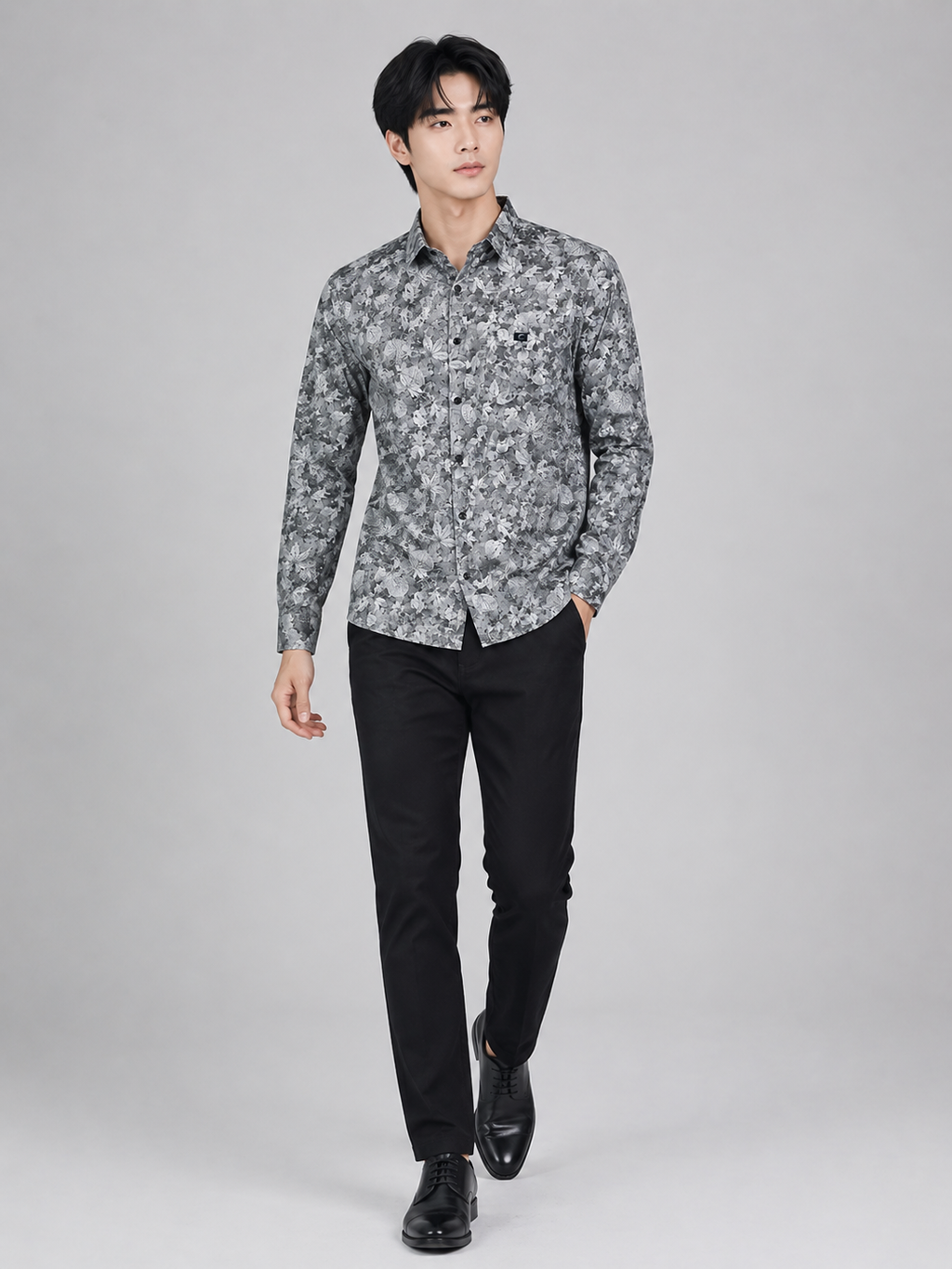 Men's Premium Grey Floral Print Full Sleeve Cotton Shirt | Slim Fit Casual & Party Wear