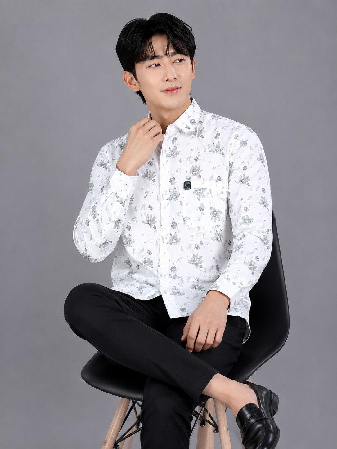 Men's White Floral Print Cotton Shirt - Slim Fit Full Sleeve
