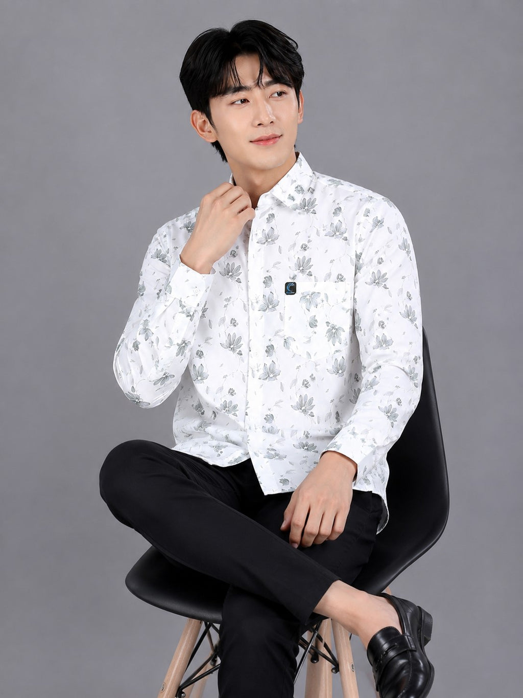 Men's White Floral Print Cotton Shirt - Slim Fit Full Sleeve