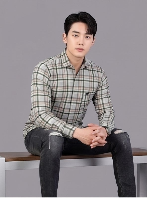 Men's Green Beige Checked Slim Fit Cotton Blend Full Sleeve Shirt