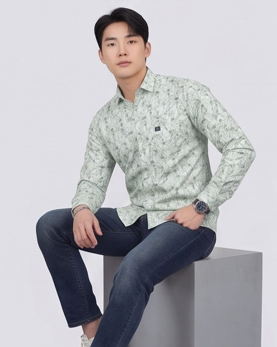 Men's Sage Green Floral Print Cotton Shirt