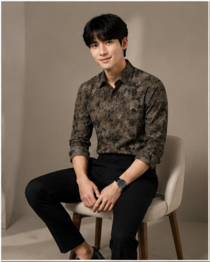 Men's Premium Olive Green Floral Print Full Sleeve Cotton Shirt | Slim Fit Casual & Party Wear