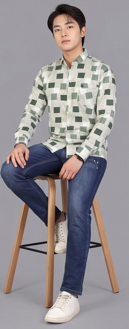 Men's Premium Sage Green Printed Slim Fit Casual Shirt
