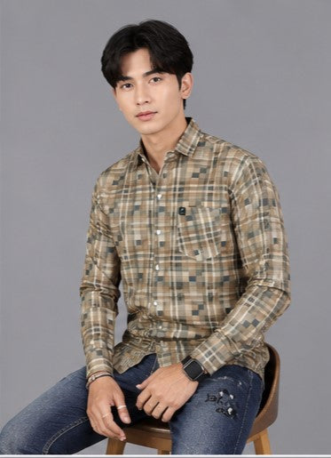 Men's Premium Beige Checkered Slim Fit Casual Shirt