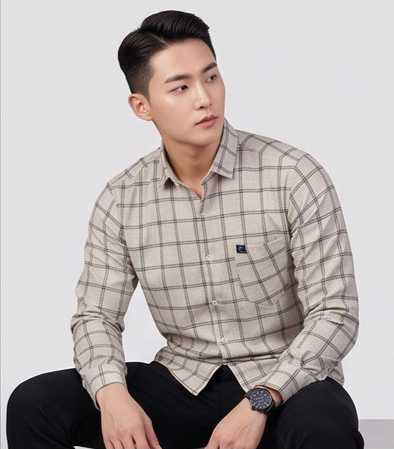 Men's Beige Checked Cotton Shirt | Slim Fit Full Sleeve