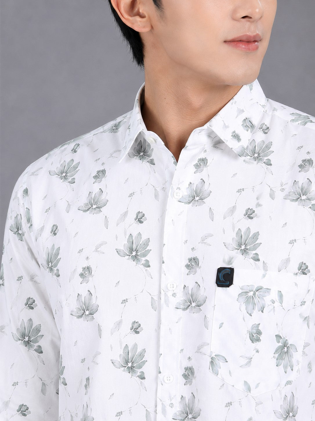 Men's White Floral Print Cotton Shirt - Slim Fit Full Sleeve