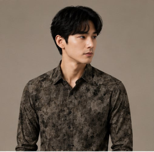 Men's Premium Olive Green Floral Print Full Sleeve Cotton Shirt | Slim Fit Casual & Party Wear