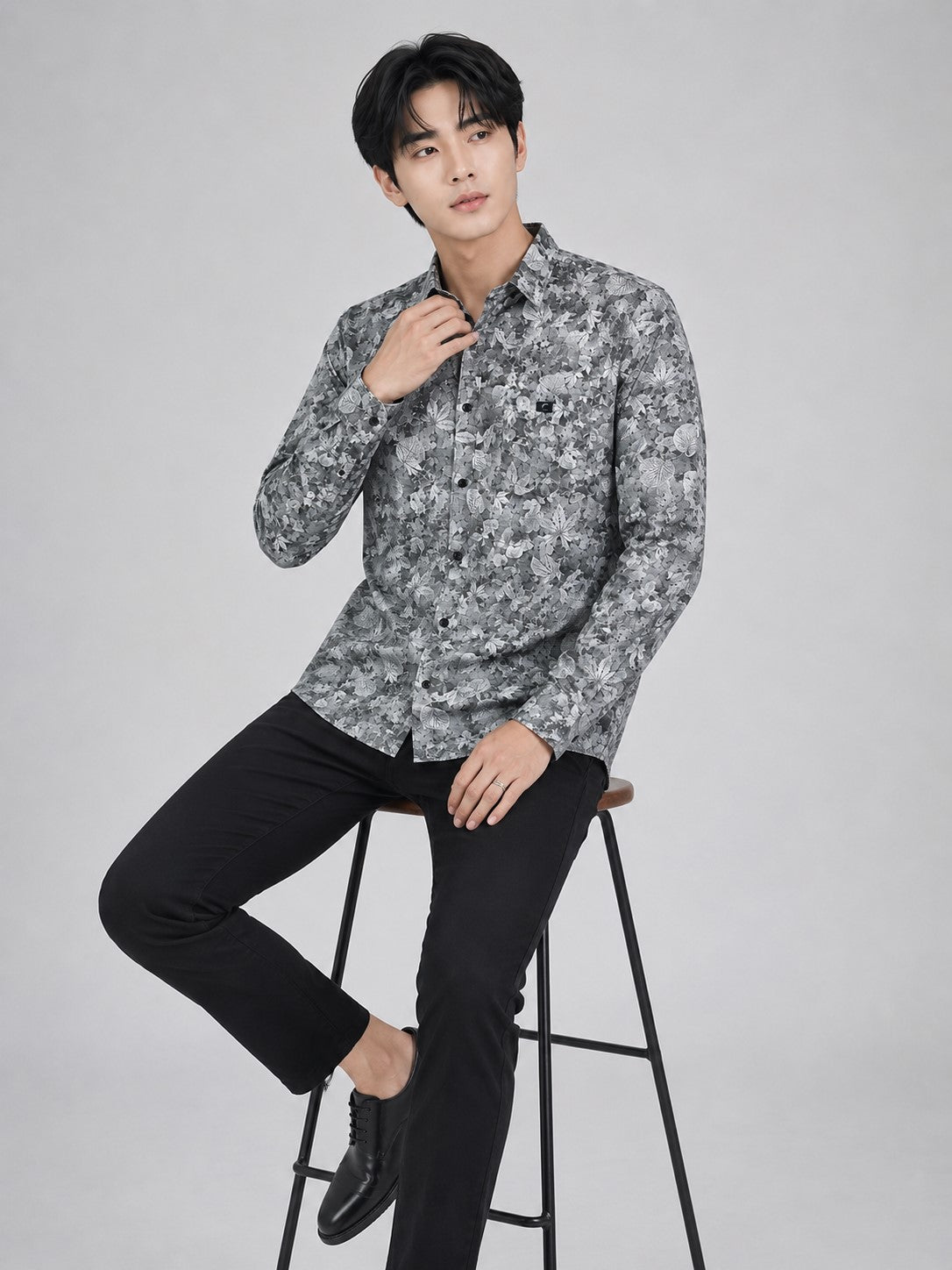 Men's Premium Grey Floral Print Full Sleeve Cotton Shirt | Slim Fit Casual & Party Wear