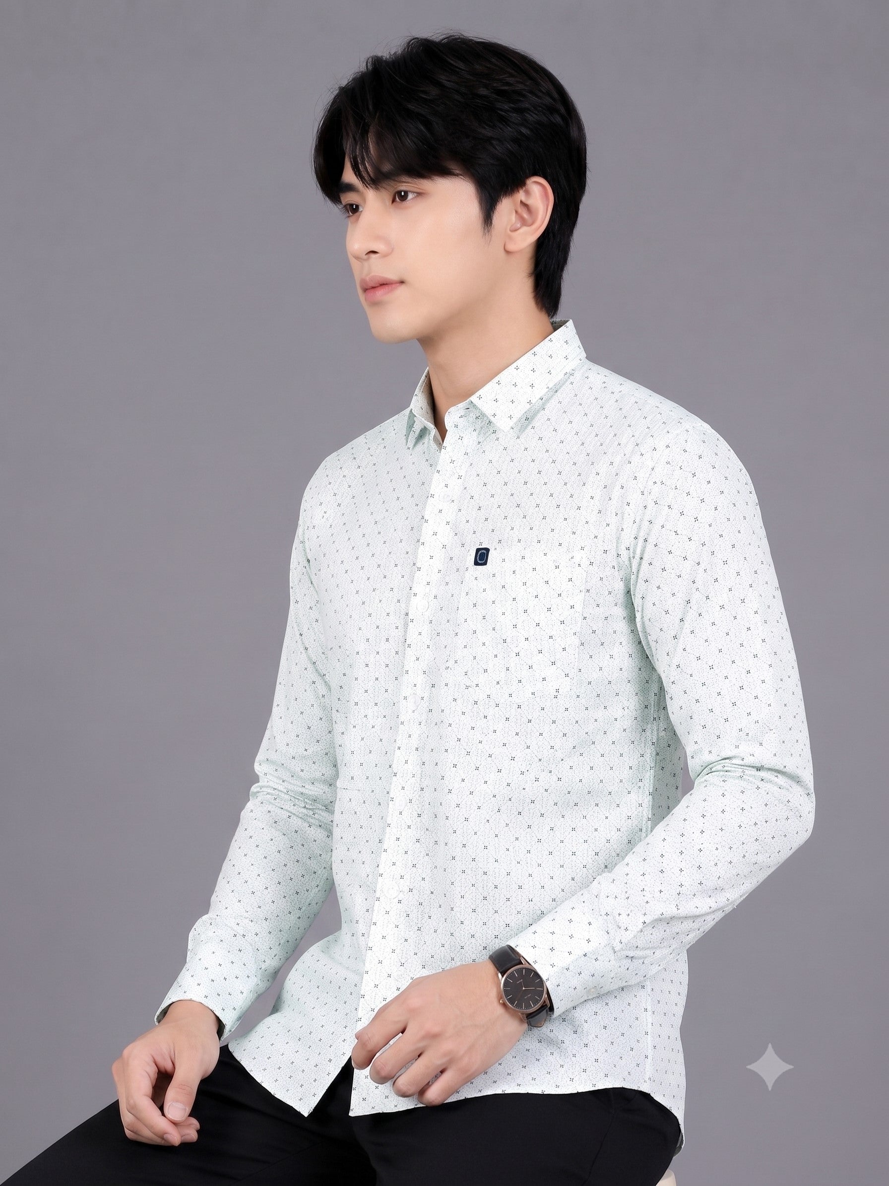 Men's Premium White Micro Print Full Sleeve Cotton Shirt | Slim Fit Casual & Party Wear