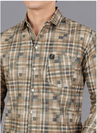 Men's Premium Beige Checkered Slim Fit Casual Shirt