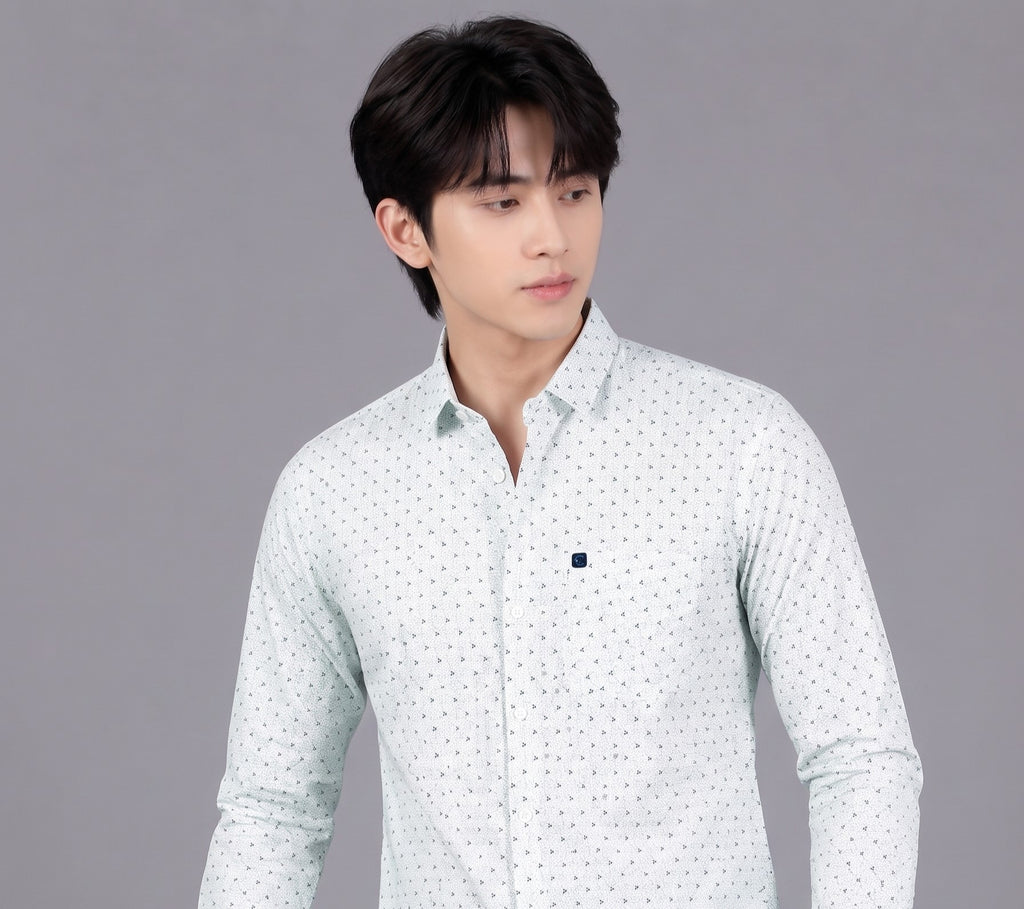 Men's Premium White Micro Print Full Sleeve Cotton Shirt | Slim Fit Casual & Party Wear