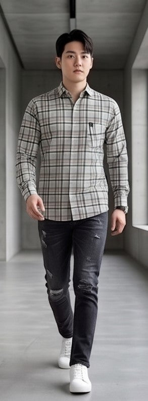 Men's Green Beige Checked Slim Fit Cotton Blend Full Sleeve Shirt