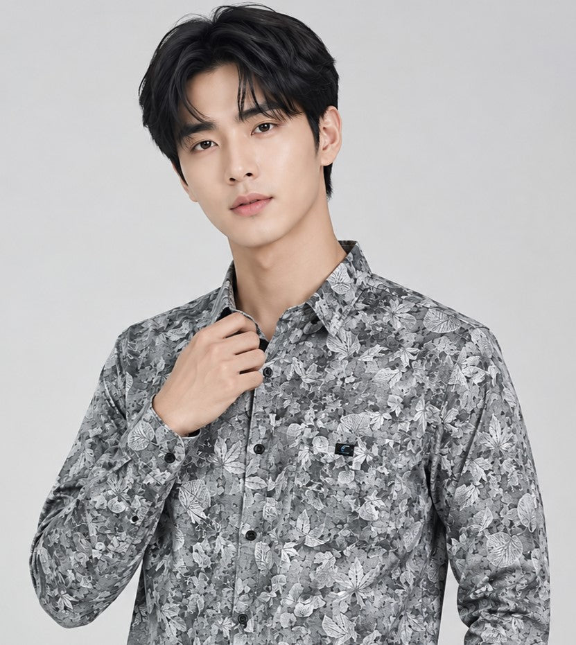 Men's Premium Grey Floral Print Full Sleeve Cotton Shirt | Slim Fit Casual & Party Wear