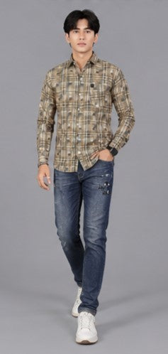 Men's Premium Beige Checkered Slim Fit Casual Shirt
