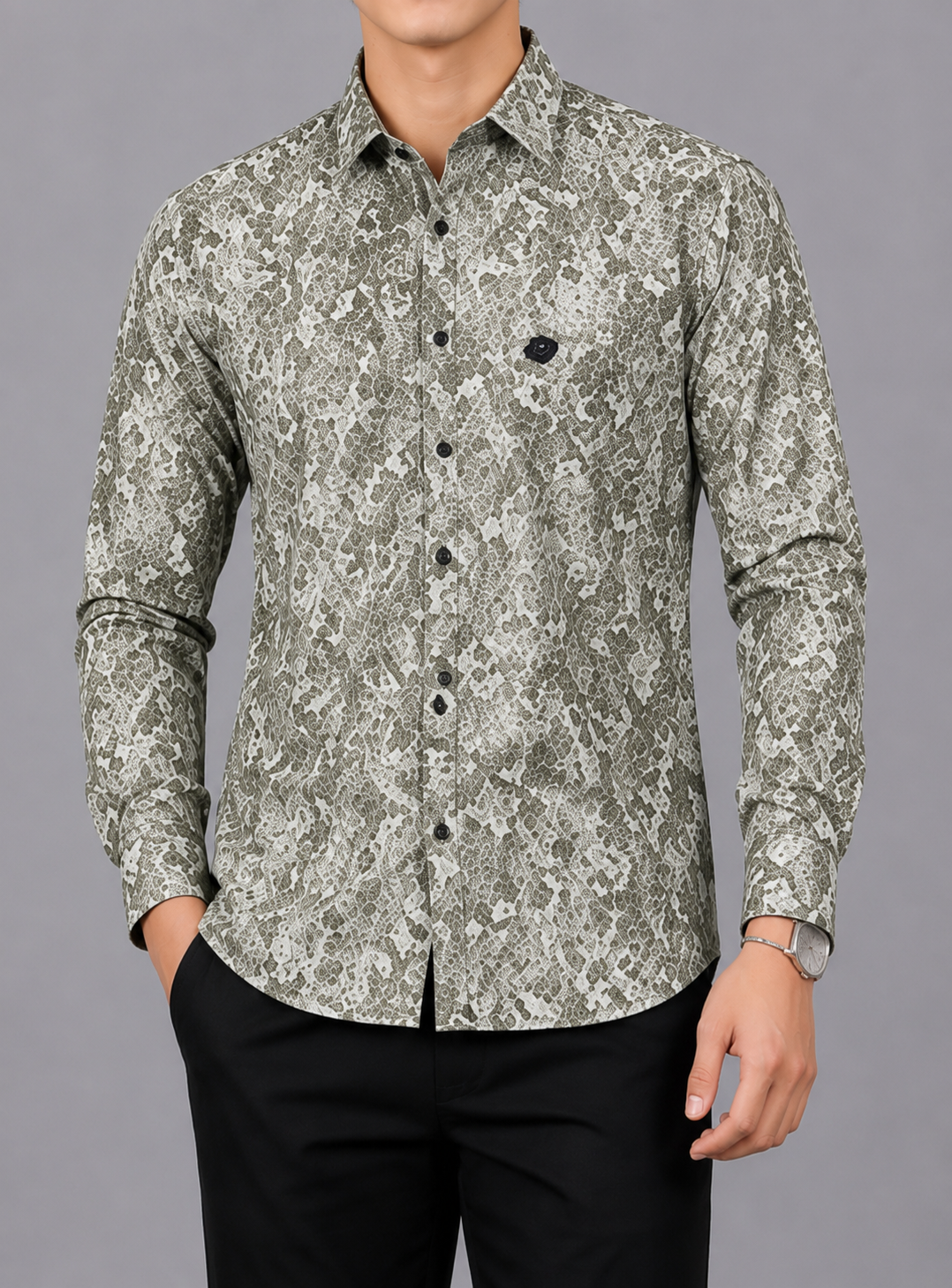Men's Premium Olive Abstract Print Full Sleeve Cotton Shirt | Slim Fit Casual & Party Wear