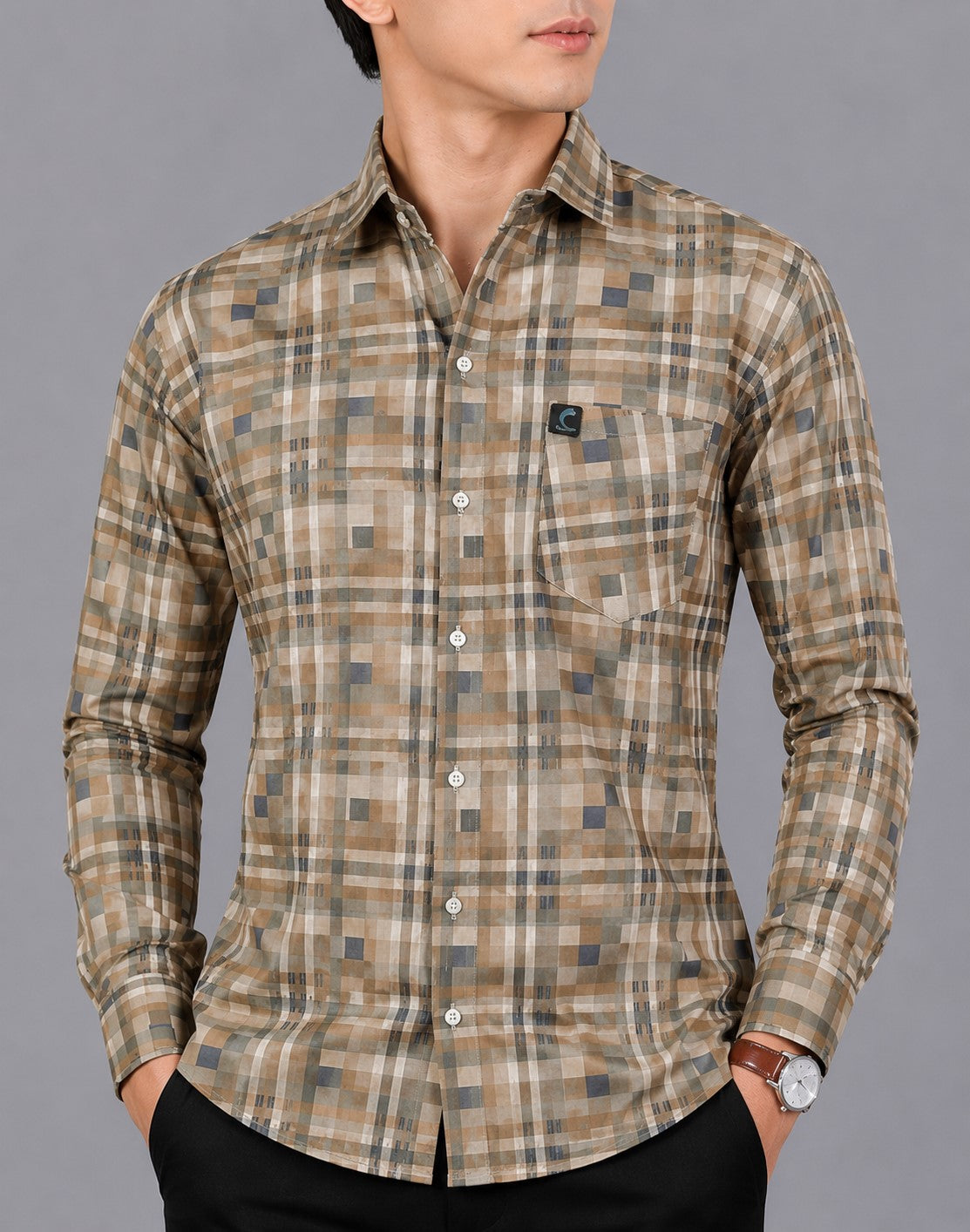 Men's Premium Beige Checkered Slim Fit Casual Shirt