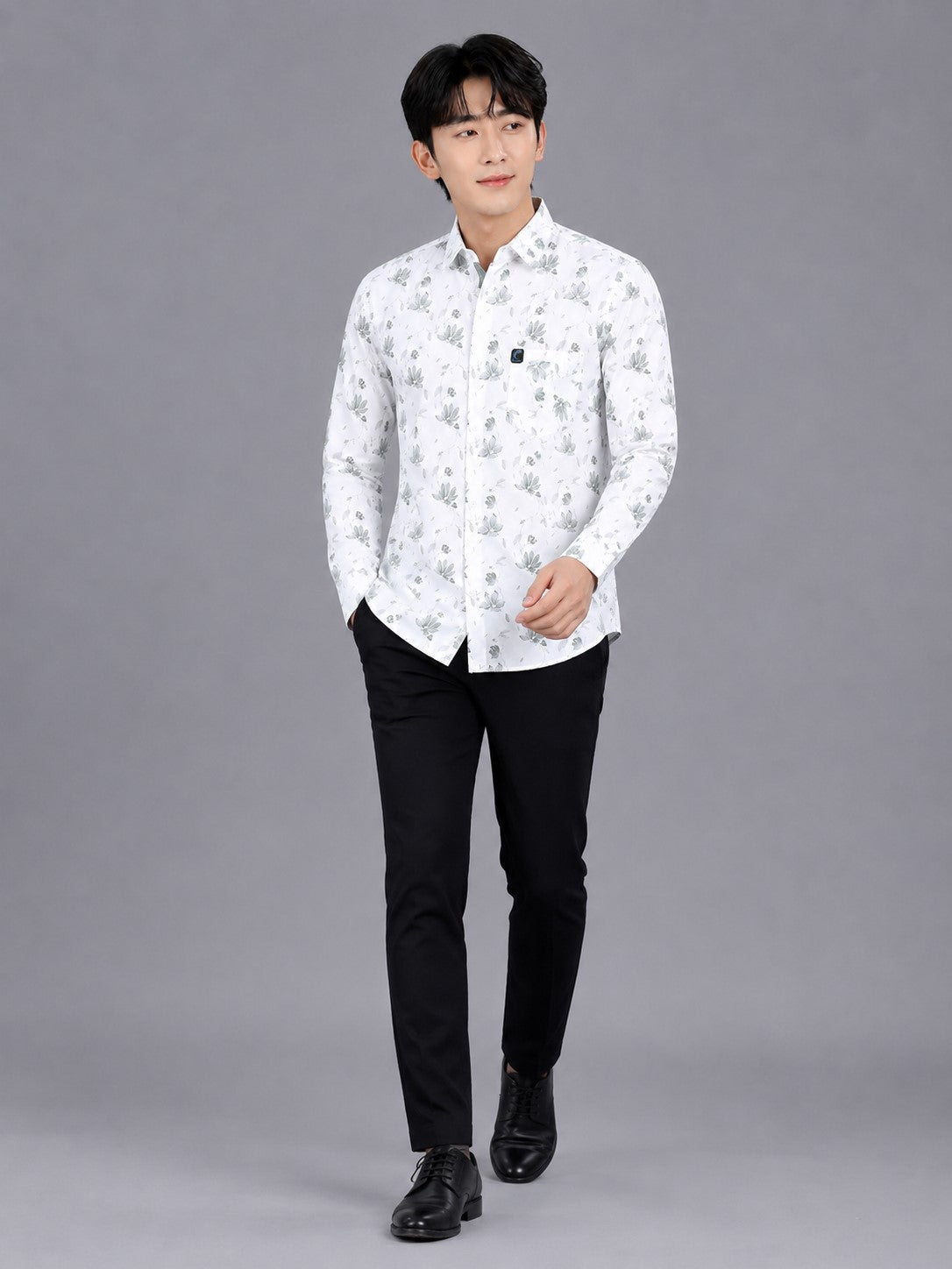 Men's White Floral Print Cotton Shirt - Slim Fit Full Sleeve
