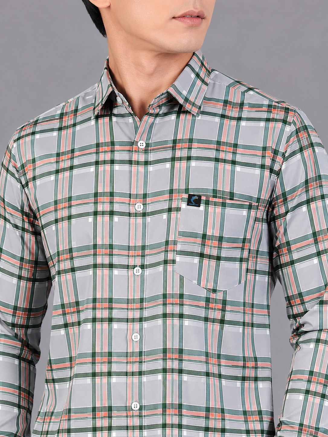 Men's Green Beige Checked Slim Fit Cotton Blend Full Sleeve Shirt
