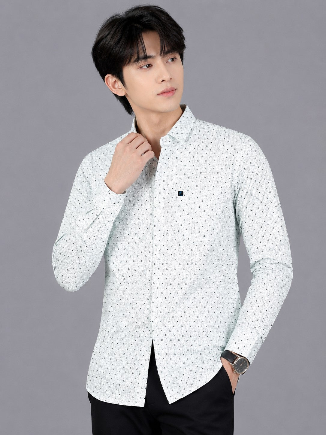 Men's Premium White Micro Print Full Sleeve Cotton Shirt | Slim Fit Casual & Party Wear